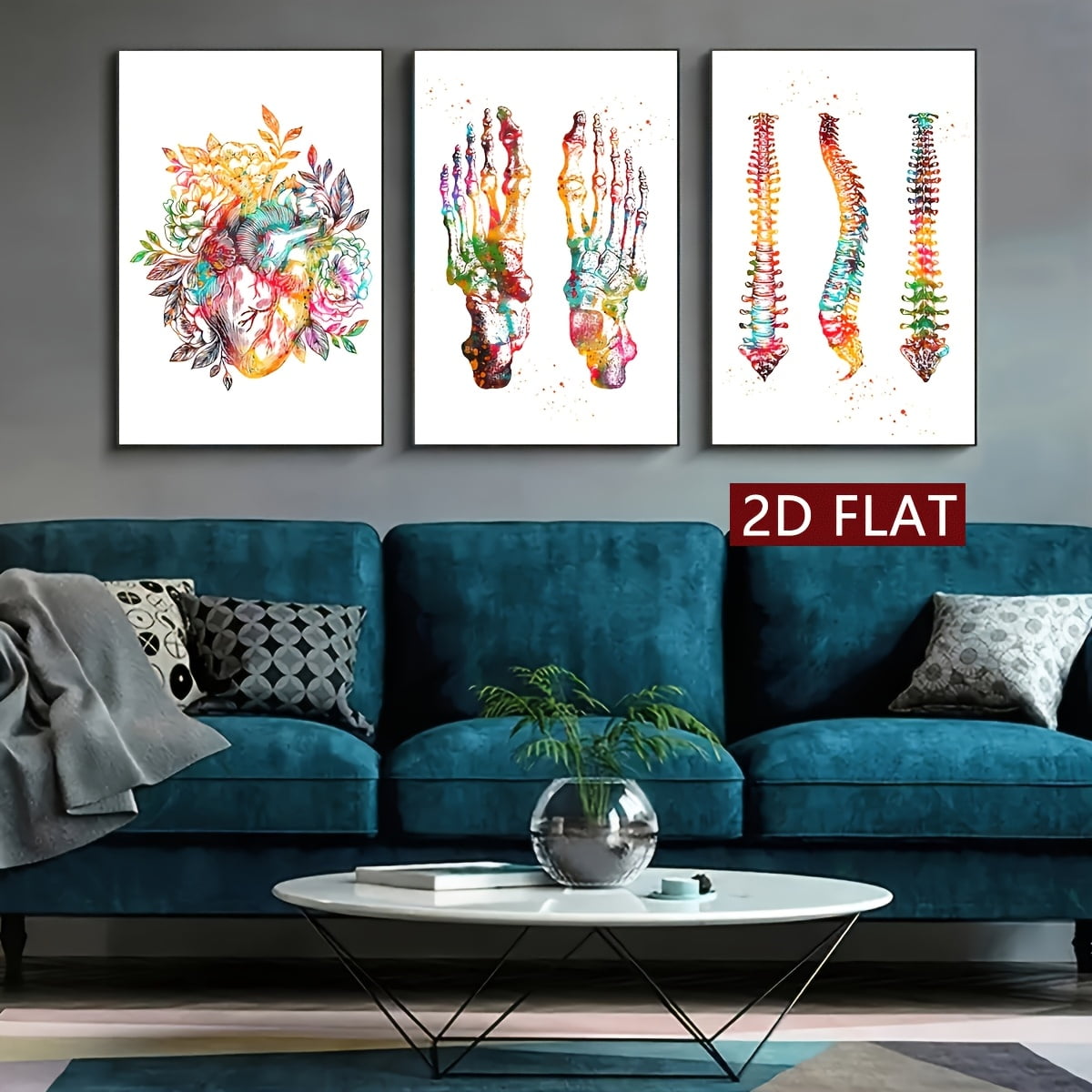 3pcs/set Unframed, Canvas Poster, Human Bone With Colorful Flowers ...