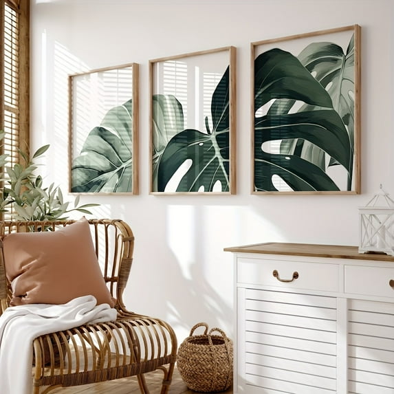 3pcs/set Unframed Canvas Poster, Modern Art, Tropical Plant Monstera Leaf Painting, Triptych Botanical Illustrations, Ideal Gift For Bedroom Living Room Corridor, Wall Art, Wall Decor, Winter Decor,