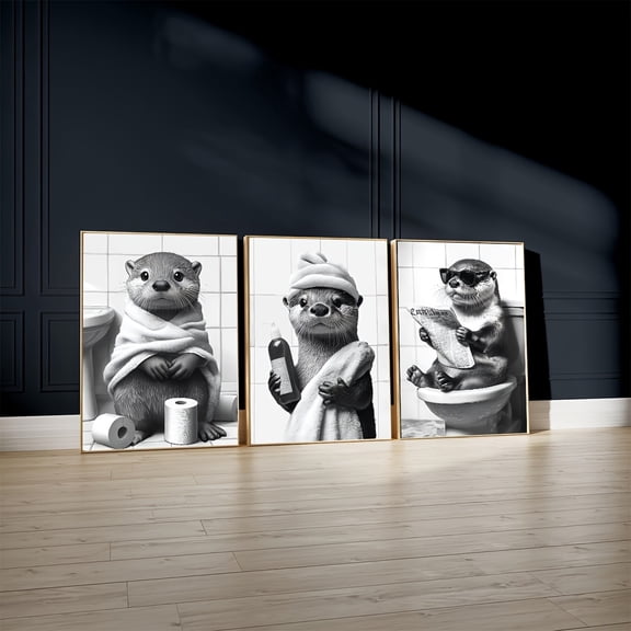 3pcs/set Unframed Funny Otter Bathing and Reading Newspaper Canvas Print Black and White Cute Animal Bathroom Wall Art Poster for Modern Living Room Bedroom Dormitory Bathroom and Home Decoration Pe
