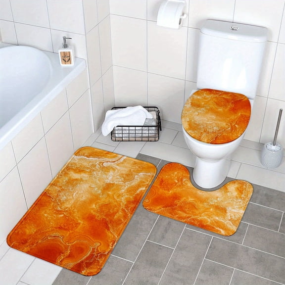 3pcs set of elegant marble-patterned stylish white and orange designed bathroom floor mats - Made of flannel, non-slip and machine washable, a must-have for spring and summer bathroom decoration