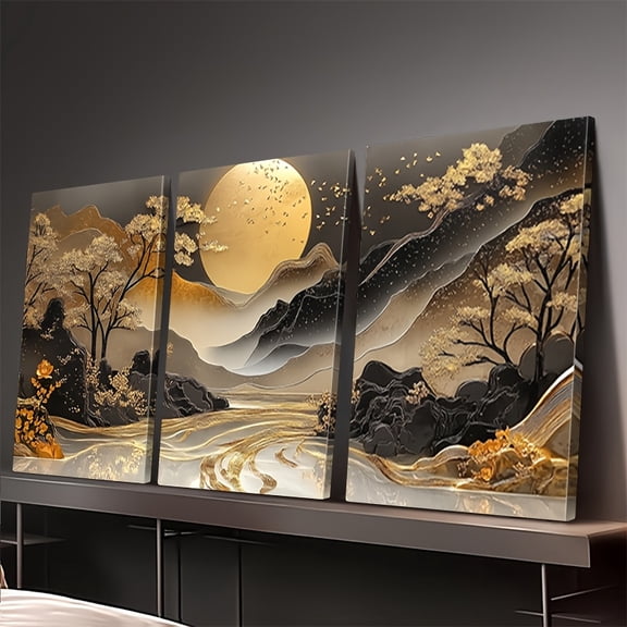 3pcs set, framed canvas art Beautiful Golden sun with mountains and trees. Poster prints suitable for living rooms, bedrooms, offices. Perfect for room decor.