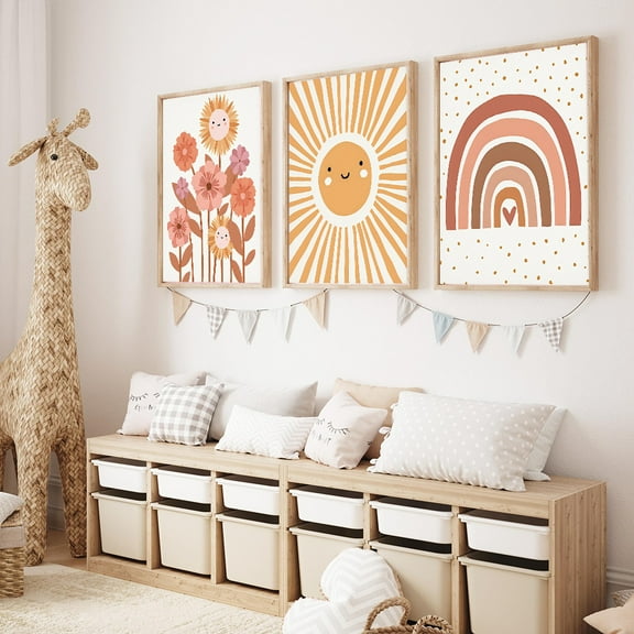 3pcs set of cartoon posters for boys and girls room decoration · Gift creative poster sun rays flowers rainbow clouds canvas art print mural