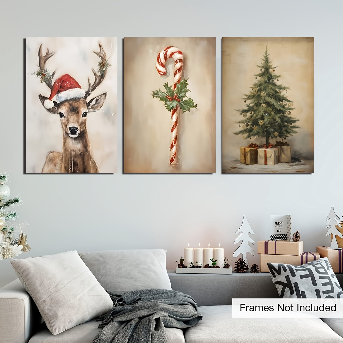 3pcs set of rustic Christmas canvas prints with reindeer, pine trees ...