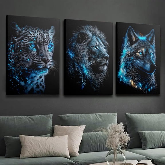 3pcs of wooden frame canvas prints, blue frost leopard, lion, wolf with glowing eyes on black background, fantasy woodland animal art, animal portraits, indoor home wall decor art.