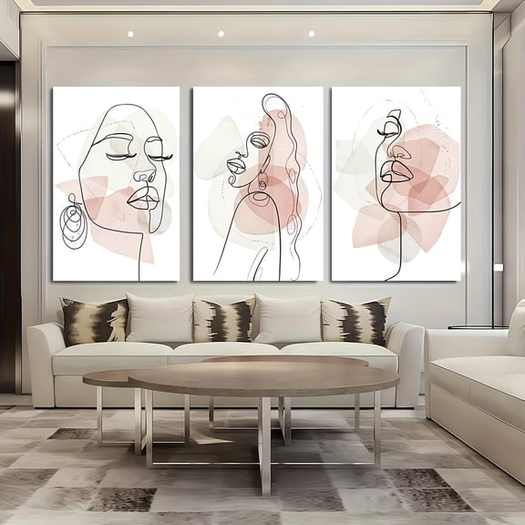 ] 3pcsCanvas Art, Three-Piece Living Room Decorative Paintings, 3pcs Set of Abstract Fashion Wall Art in Ivory Cream and Blush Pink Women'S Line Art Prints, Minimalist Line Art