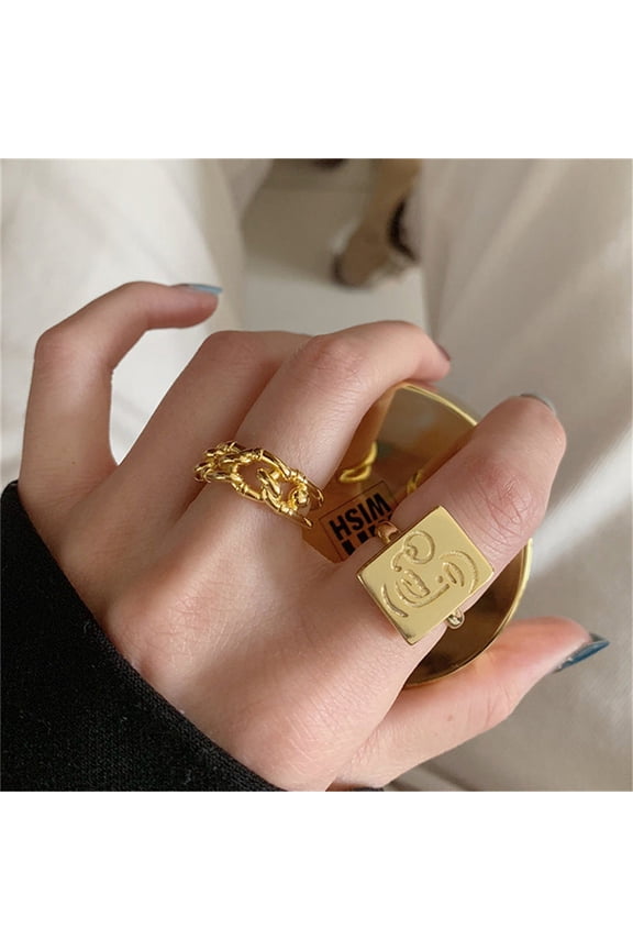 Gold Stainless Steel Square Smile Face Thick Chain Rings Set of 3 Geometric Rings Unisex Jewelry Fashion Rings