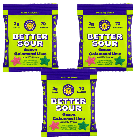 3pk Better Sour Guava Calamansi Lime Gummy Stars (1.8oz Each) Vegan Low Sugar Candy, Plant-Based Chewy Fruit Snacks, No Artificial Colors or Flavors