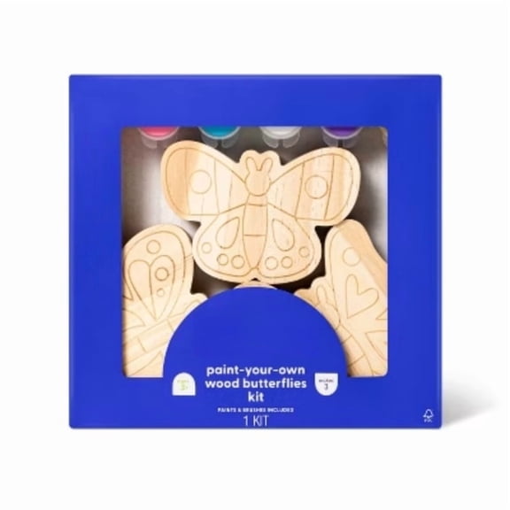 3pk Paint-Your-Own Wood Butterfly Set Kids Craft Kit with Acrylic Paints & Brushes, Non-Toxic