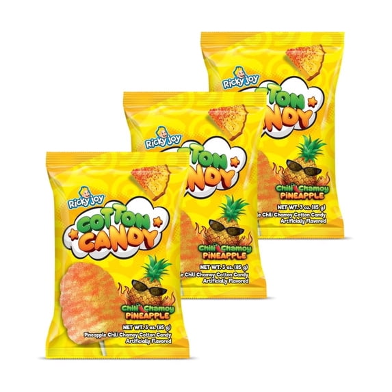 3pk Ricky Joy Pineapple Chili Chamoy Cotton Candy (3 oz Each) – Sweet & Spicy Mexican Cotton Candy, Pineapple Chamoy Chili Candy Floss, Tangy Tamarind Spicy Snack Treat