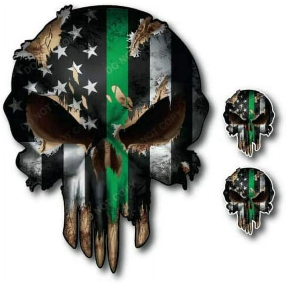 3pk Thin Green Line Skull Decal Window Sticker car Truck Military Soldier Troops