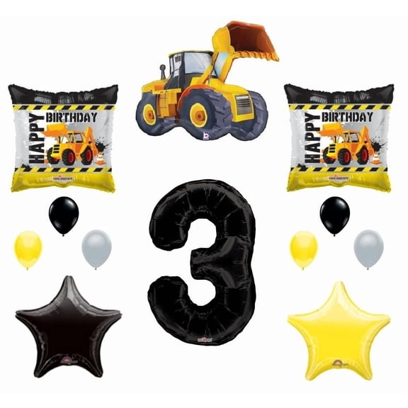 3rd BIRTHDAY CONSTRUCTION Balloons Decoration Supplies Party Boy Dump Truck Bulldozer Third