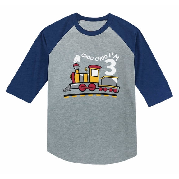 3rd Birthday 3 Year Old Boy Choo Train 3/4 Sleeve Baseball Jersey Toddler Shirt 3T Blue