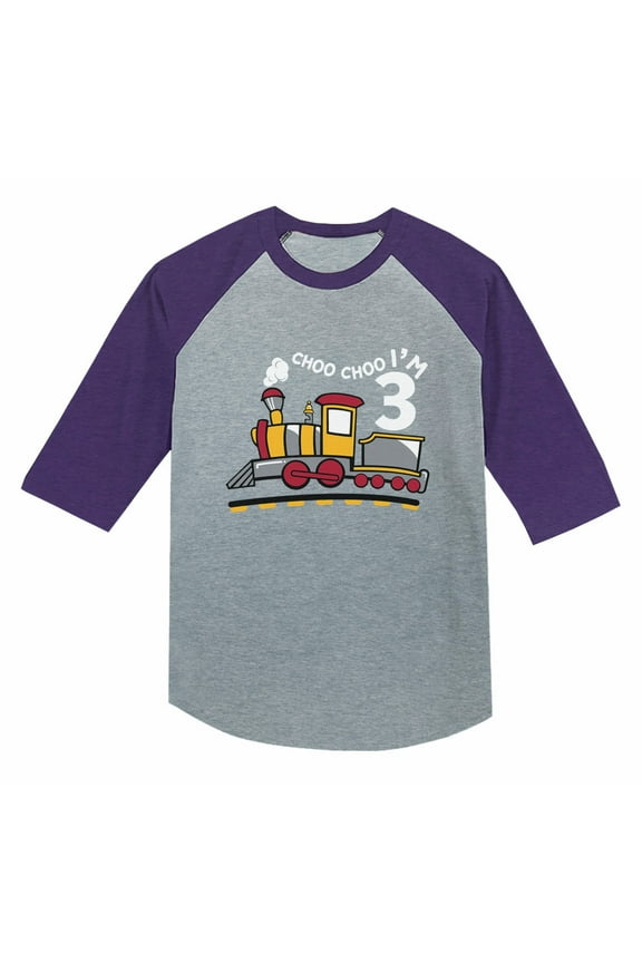 3rd Birthday 3 Year Old Boy Choo Train 3/4 Sleeve Baseball Jersey Toddler Shirt 5T Purple