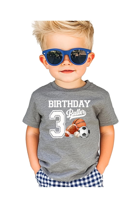 3rd Birthday Baller Shirt for Boys Sports Theme Party T-Shirt for 3 Year Old Toddler Granite Heather Shirt 4T