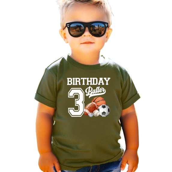 3rd Birthday Baller Shirt for Boys Sports Theme Party T-Shirt for 3 Year Old Toddler Military Green Shirt 3T