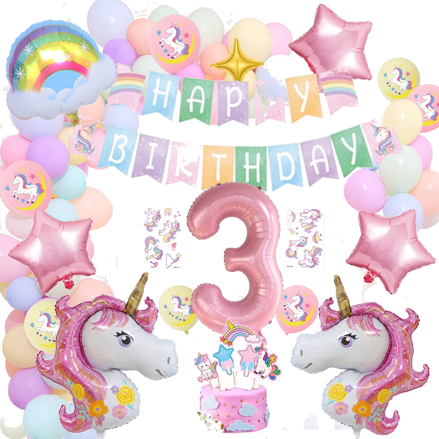 3rd Birthday Decoration 43in Unicorn Birthday Balloons for Girls,Pink Unicorn Rainbow Balloon Graland,Unicorn Party Supplies,Happy Birthday Banner,Cake Toppers,Tattoo stickers