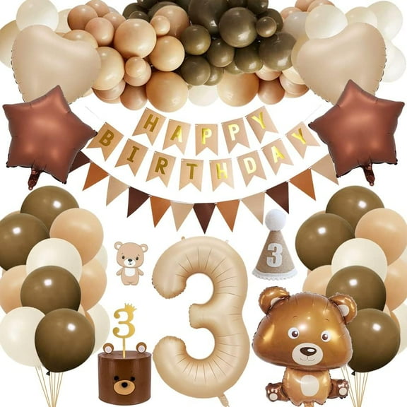 3rd Birthday Decorations Boy, Boho Birthday Decoration, Bear Theme Party Decoration with Giant Bear Foil Balloon, 3 Number Balloon, for Baby Boys Girls