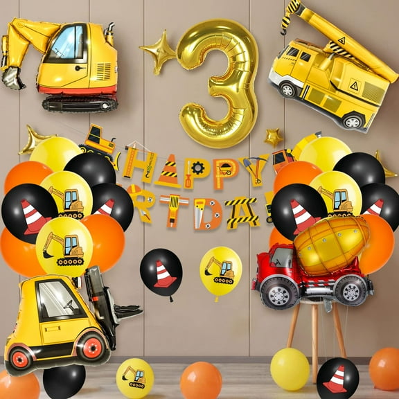 3rd Birthday Decorations Construction, Construction Balloons with Gold Number 3 Balloons, Large Digger Dump Truck Crane Foil Balloons Set for Boy 3 Years Old Party Supplies