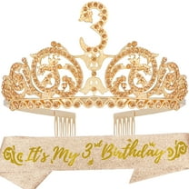 3rd Birthday Glitter Sash & Gold Rhinestone Tiara Set for Girls - Fabulous Princess Party Gifts