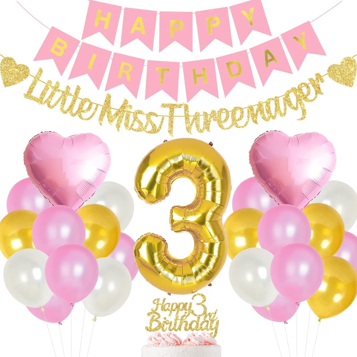 3rd Birthday Party Decorations for Girls Pink and Gold - Happy Birthday Banner Cake Topper, Gold Little Miss Threenager Garland, Large Number 3 Foil Balloon and Pink Heart Balloons