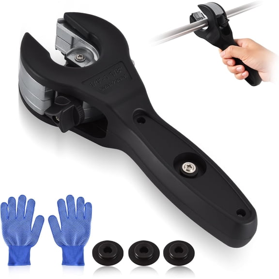3rd Gen Ratcheting Tube Cutter in Narrow Space, Premium Pipe Cutters(1/4in to 1-1/8in) for Copper, Brass, Aluminum, PVC and PPR, Total 3 Steel Bades, 1 Pair of Slip-free Gloves