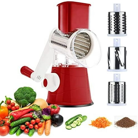 3rd Generation Rotary Cheese Grater, Mandoline Vegetable Slicer with 3 Replacement Blades, Easy to Clean Rotary Shredder for Fruit, Vegetables, Red$$