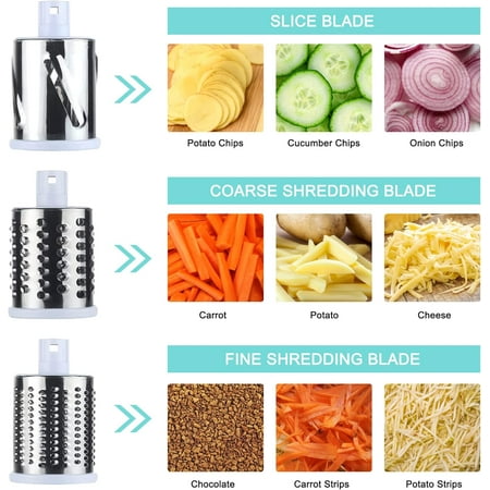 3rd Generation Rotary Cheese Grater, Mandoline Vegetable Slicer with 3 Replacement Blades, Easy to Clean Rotary Shredder for Fruit, Vegetables