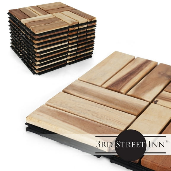 3rd Street Inn Interlocking Acacia Wood Deck Tiles - Natural Finish - Checkered Pattern Decking - 12"x12" (10 Pack)