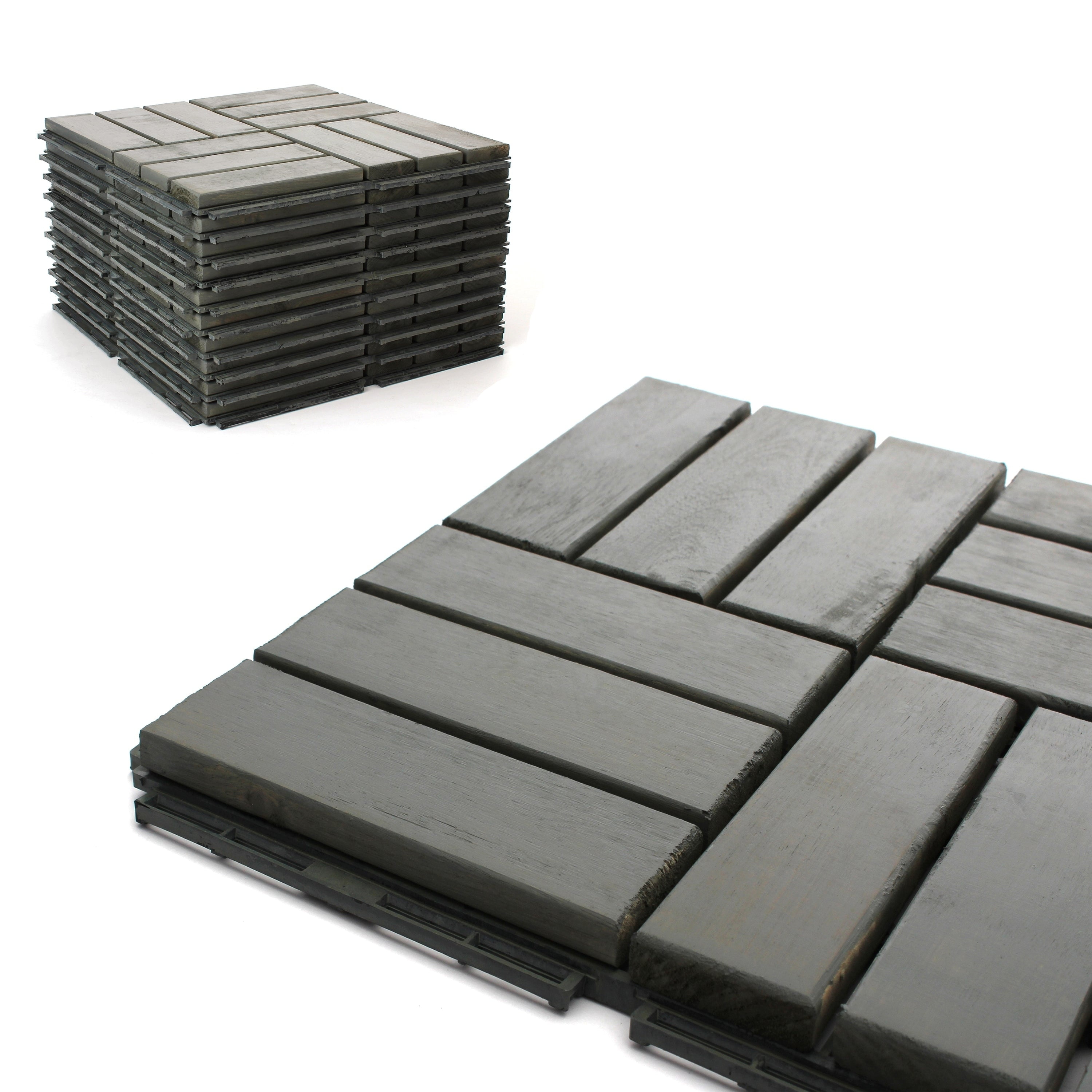 Gray Acacia Wood Interlocking Deck Tiles, 12" x 12" Set of 10