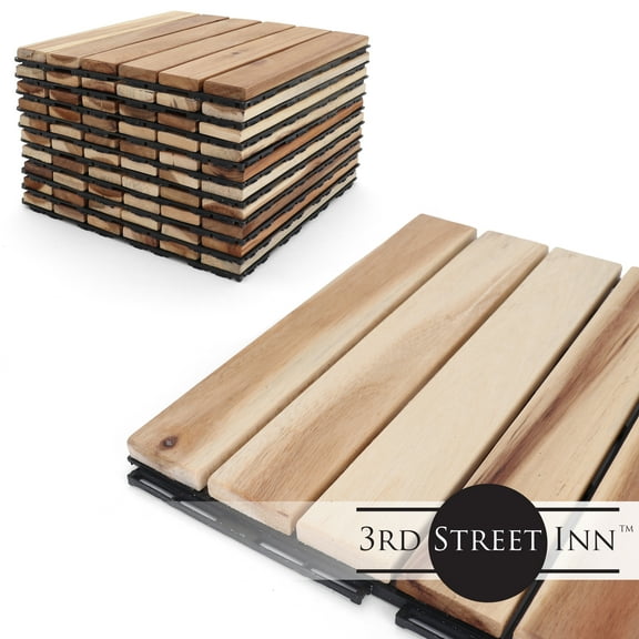 3rd Street Inn Interlocking Acacia Wood Deck Tiles - Natural Finish - Straight Pattern Decking - 12"x12" (10 Pack)