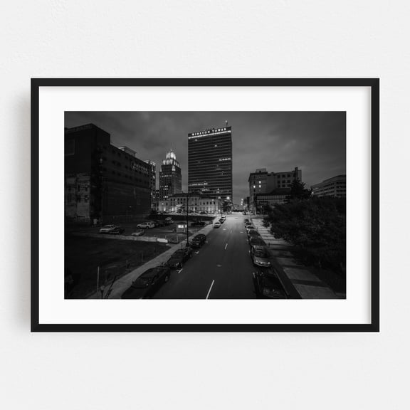 3rd Street, Winston-Salem B&W - Winston-Salem North Carolina Photography Black Framed Wall Art Print 20 x 30 inches