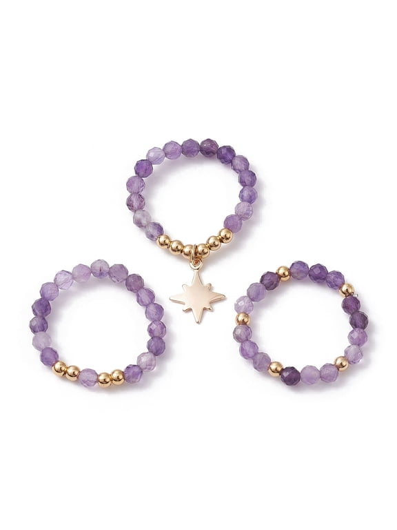 3sets 3pcs 3 style Amethyst Beaded Stretch Rings set Stackable Rings with Brass Star Inner Diameter: 21~22mm 1pc/style