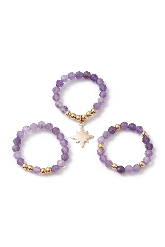 3sets 3pcs 3 style Amethyst Beaded Stretch Rings set Stackable Rings with Brass Star Inner Diameter: 21~22mm 1pc/style