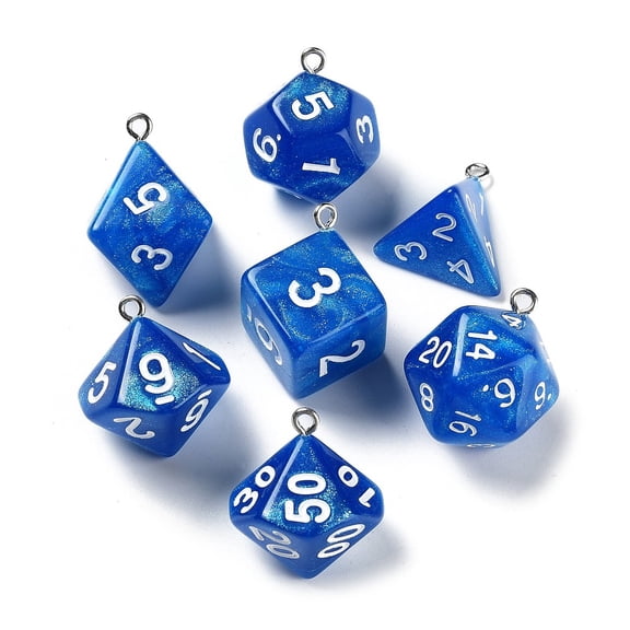 3sets 7 styles Opaque Resin Polyhedral Dice Pendants set Multi-Sided Dice with Iron Loops Mixed Shapes Blue 20~28x19~24x17~24mm Hole: 2mm 1pc/style 7pcs/set
