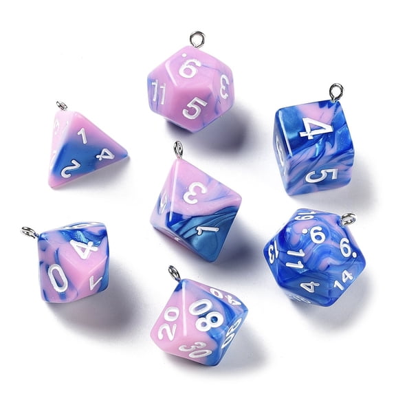 3sets 7 styles Opaque Resin Polyhedral Dice Pendants set Multi-Sided Dice with Iron Loops Mixed Shapes Plum 20~28x19~24x17~24mm Hole: 2mm 1pc/style 7pcs/set