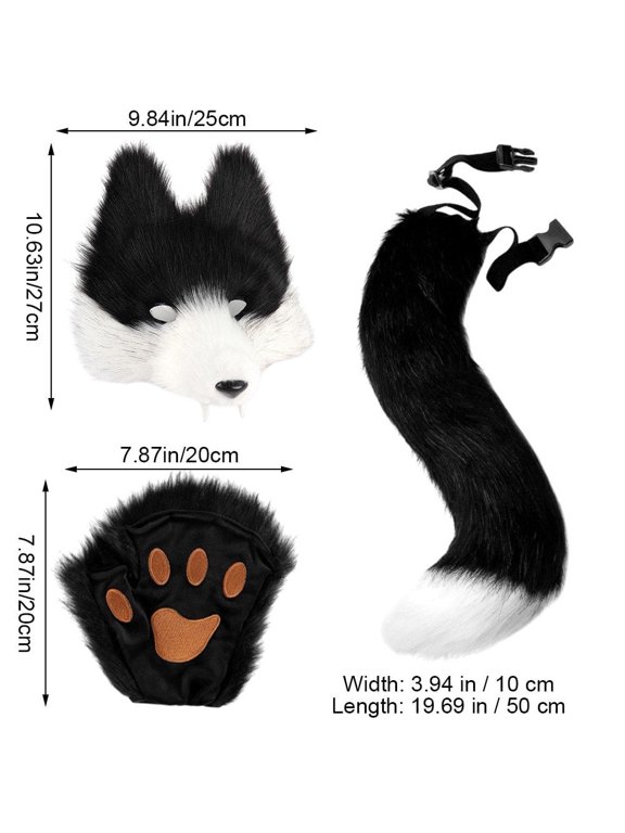 3sets Furry Fox Wolf Set with Mask Tail Paw Gloves for Anime Fancy Dress Accessories Halloween Christmas