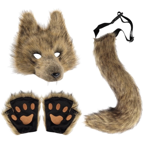 3sets Furry Fox Wolf Set with Mask Tail Paw Gloves for Anime Fancy Dress Accessories Halloween Christmas