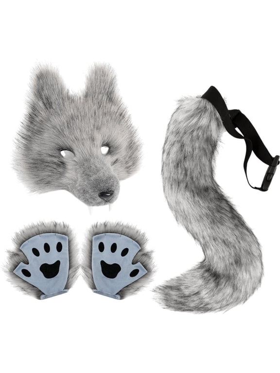 3sets Furry Fox Wolf Set with Mask Tail Paw Gloves for Anime Fancy Dress Accessories Halloween Christmas