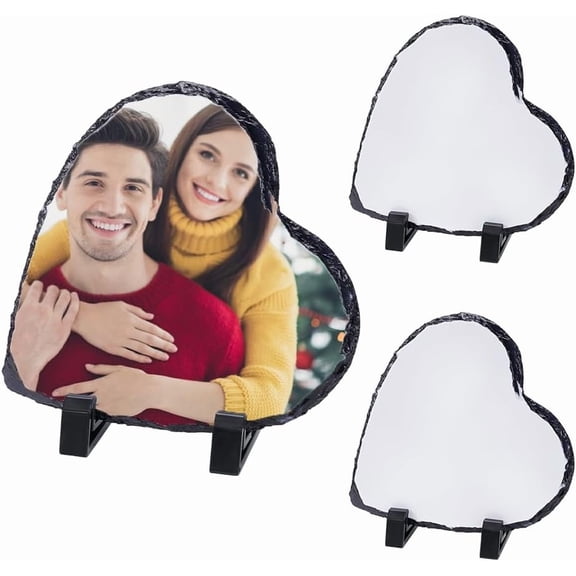 3sets Sublimation Blank Slate Rock Stone Photo Frame with Plastic Display Holder Heart 80.5x140x140mm