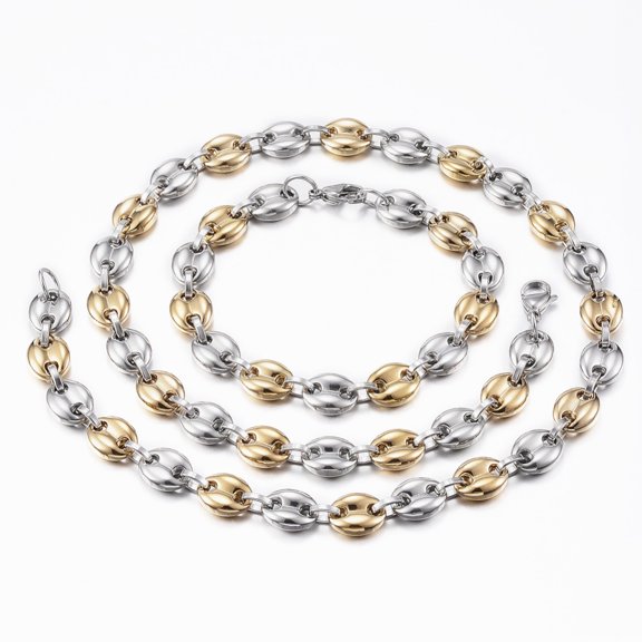 3sets Two Tone 201 Stainless Steel Jewelry sets Coffee Bean Chain Necklaces and Bracelets with Lobster Claw Clasps Oval Golden & Stainless Steel color 23.6 inch(60cm)