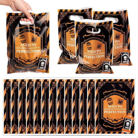 Belanttega 50 Pack Whiskey Party Favor Bag Aged to Perfection Waterproof Goodie Bags with Die Cut Handles Vintage Barrel Pattern Glossy Plastic Gift Bags for Adult Mature Man Birthday Party Decor