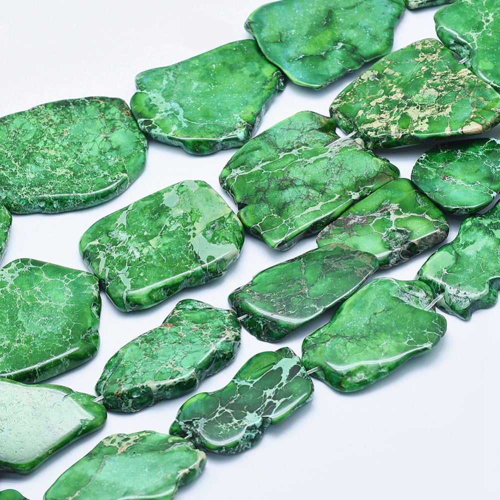 3strands Natural Imperial Jasper Beads Strand Dyed Green 20~62x15~50x4~7mm Hole: 1~1.5mm 7~11pcs/strand 15.35 inch~16.14 inch(39~41cm)
