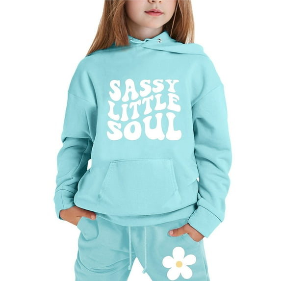3t Girls Outfits Letter Print Long Sleeve Active Hoodie Pullover Top and Long Sweatpants Set Kids 2pcs Outfits Fall Winter Suit Light Blue,10-11 Years