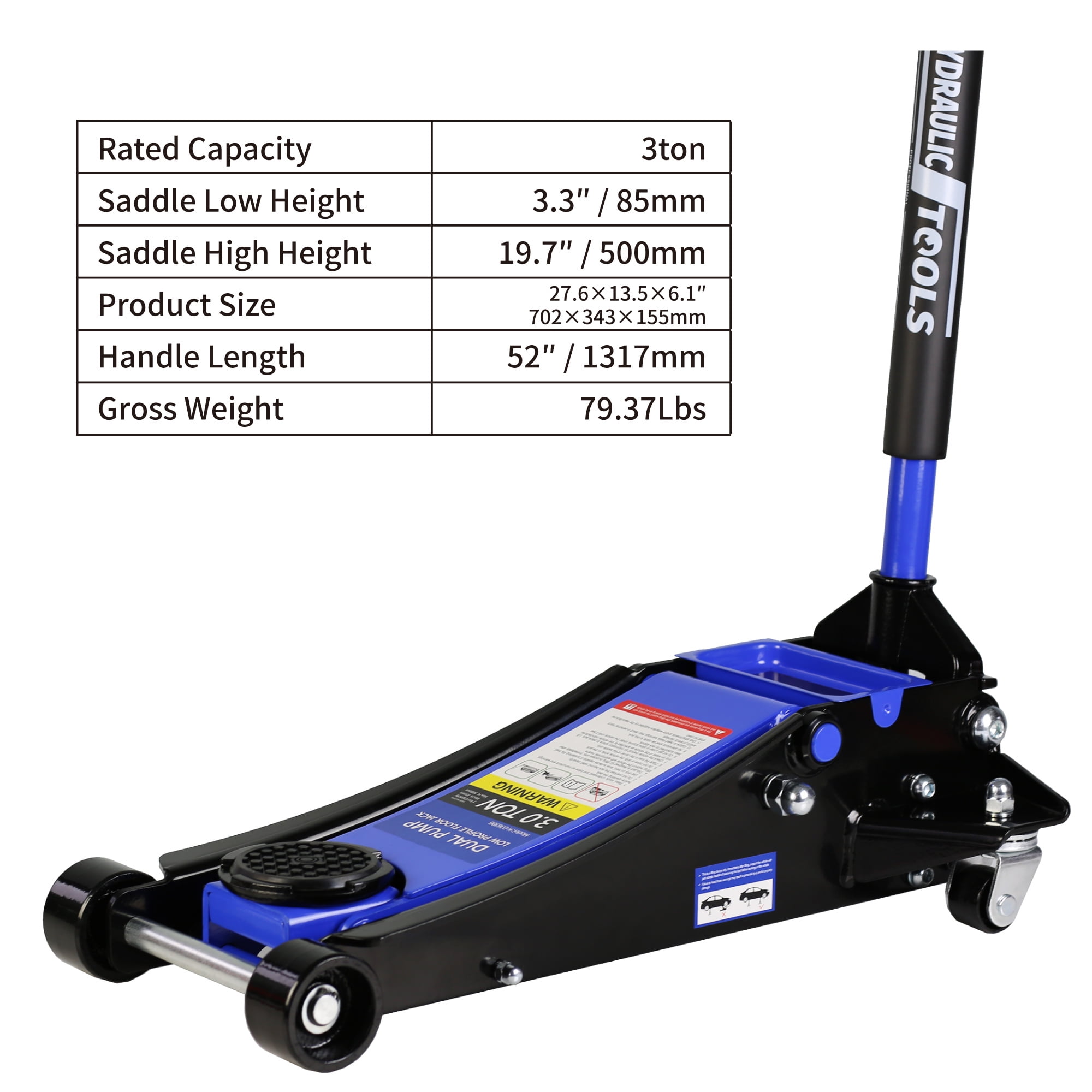 3t Low Profile Jack, Blue and Black, Ultra Low Floor Jack with Dual