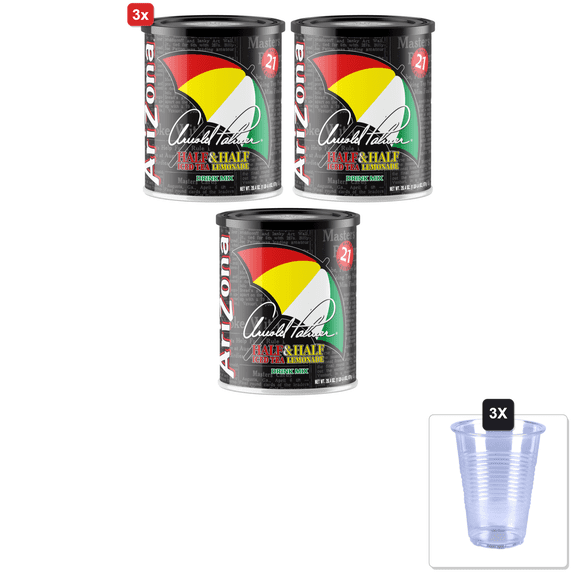 3x | Arizona Arnold Palmer Half And Half - Sugar Sweetened Powdered Drink Mix - 20.4Oz Canister, Makes 8 Quarts & 3x 16oz Plastic Cup with Strawless Sip-Lid