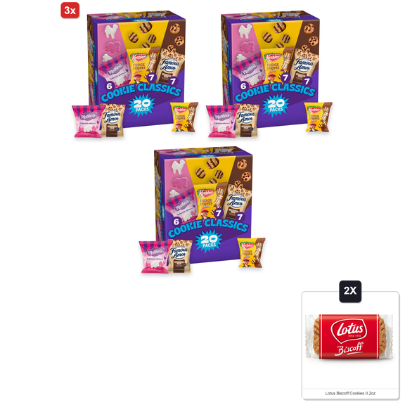 3x | Assorted Cookie Classics Variety Pack - MotherS Circus, Keebler Fudge Stripes & Famous Amos, 20 Pouch Box, 20 Oz & 2x Lotus Biscoff Cookies 0.2oz