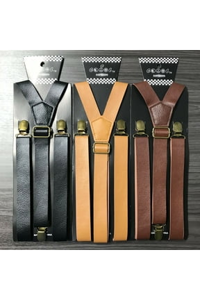 3x Assorted Faux Leather Mens Clip-on 1.0" WIDE Suspenders Elastic Y-Shape Suspender