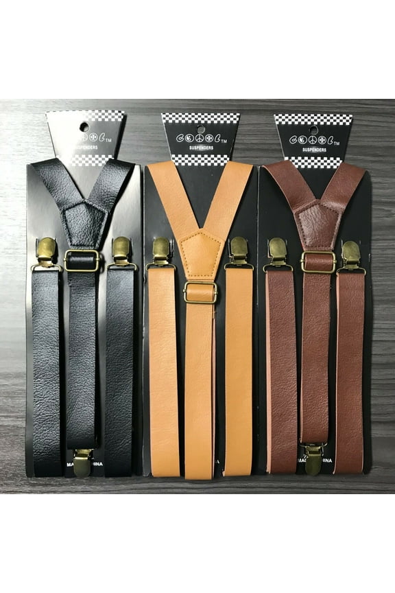 3x Assorted Faux Leather Mens Clip-on 1.0" WIDE Suspenders Elastic Y-Shape Suspender