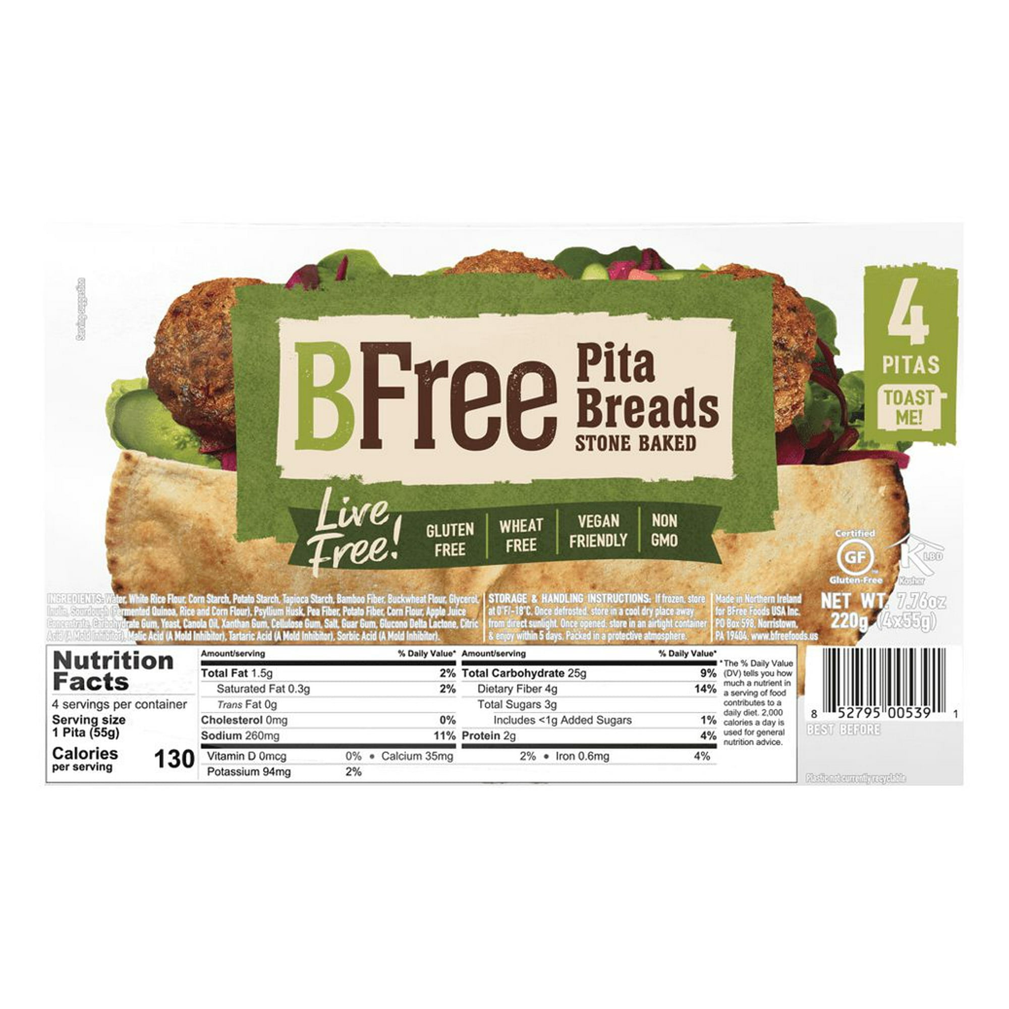 3x- BFree Foods, Gluten Free, Stone Baked Pita Bread, 4 Count, 7.76oz