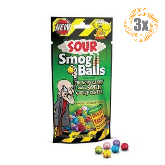 3x Bags Toxic Waste Sour Smog Balls Crunchy Novelty Candy With Chewy Center 3oz